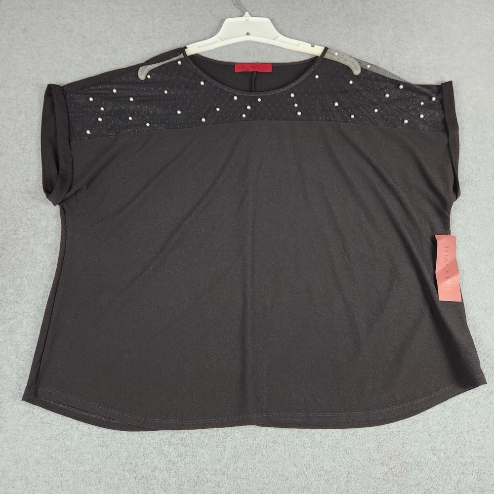 Love Scarlett Blouse Top Women 3X Black Pearl Embellished Mesh Yoke Short Sleeve